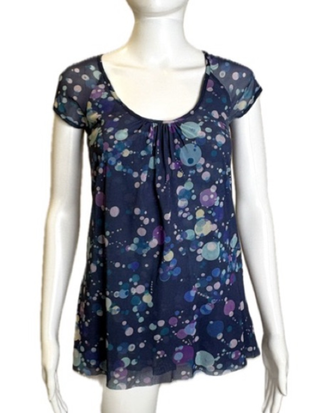 Sweet Pea Polka Dot Double Mesh Cap Sleeve Tee Size M Blue & Purple Scoop Y2K